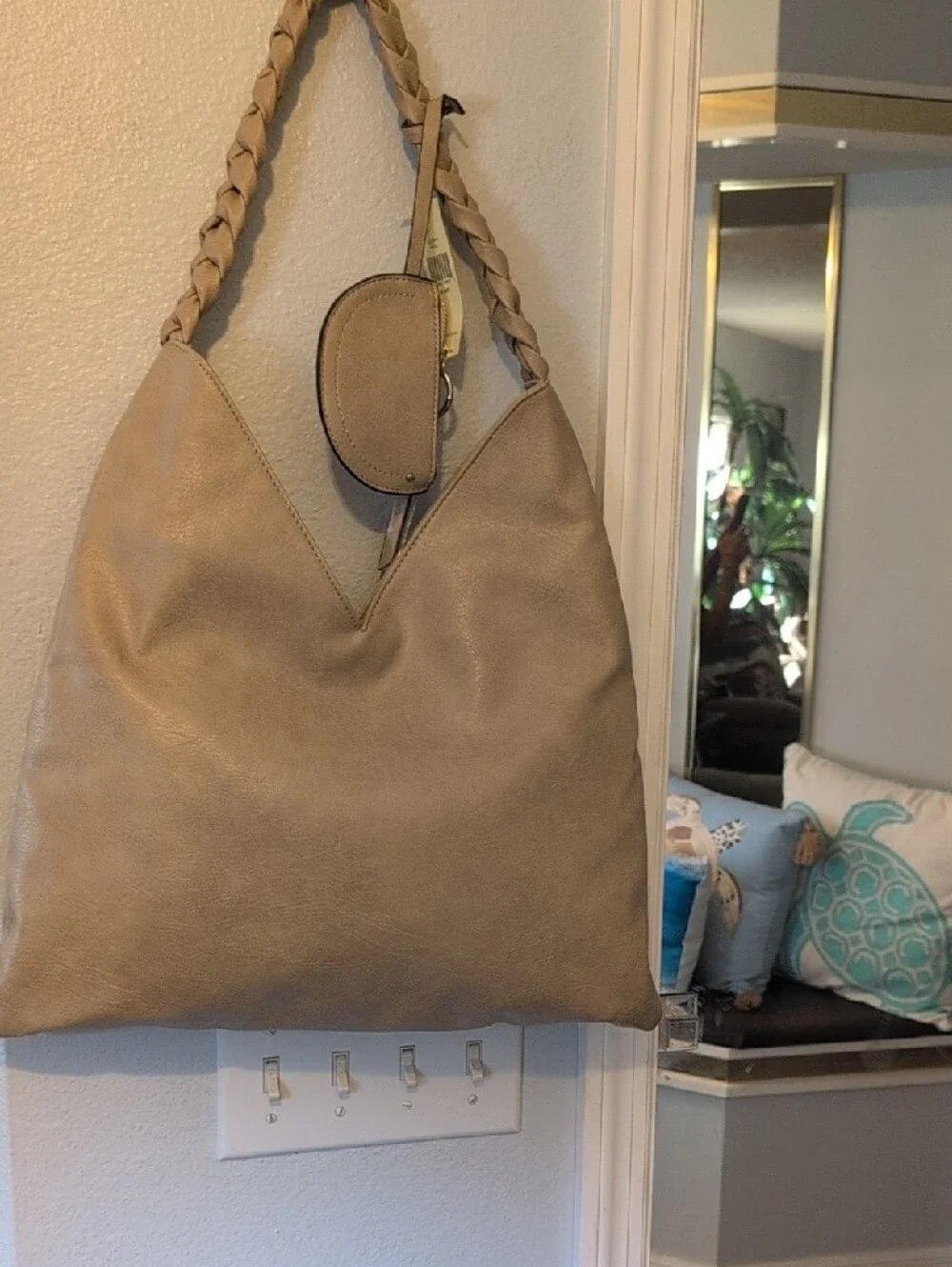 Taupe Braided-Handle Shoulder Hobo Bag with Coin Pouch